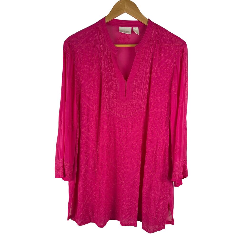 Chico's Pink V Neck Viscose Lightweight Embroidered Sheer Tunic Top Size 2 US L